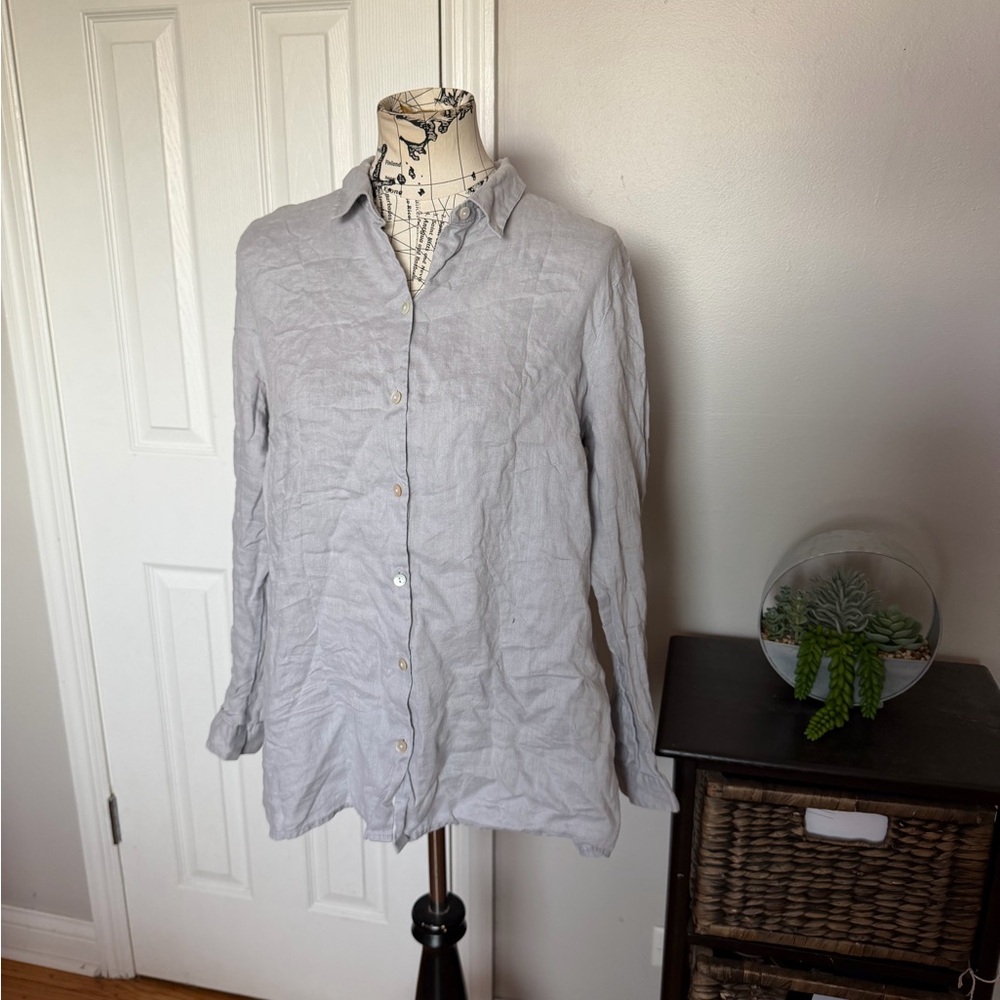 🎯J. Jill 100% Linen Essential Gray Button Shirt minimalist coastal blouse L
